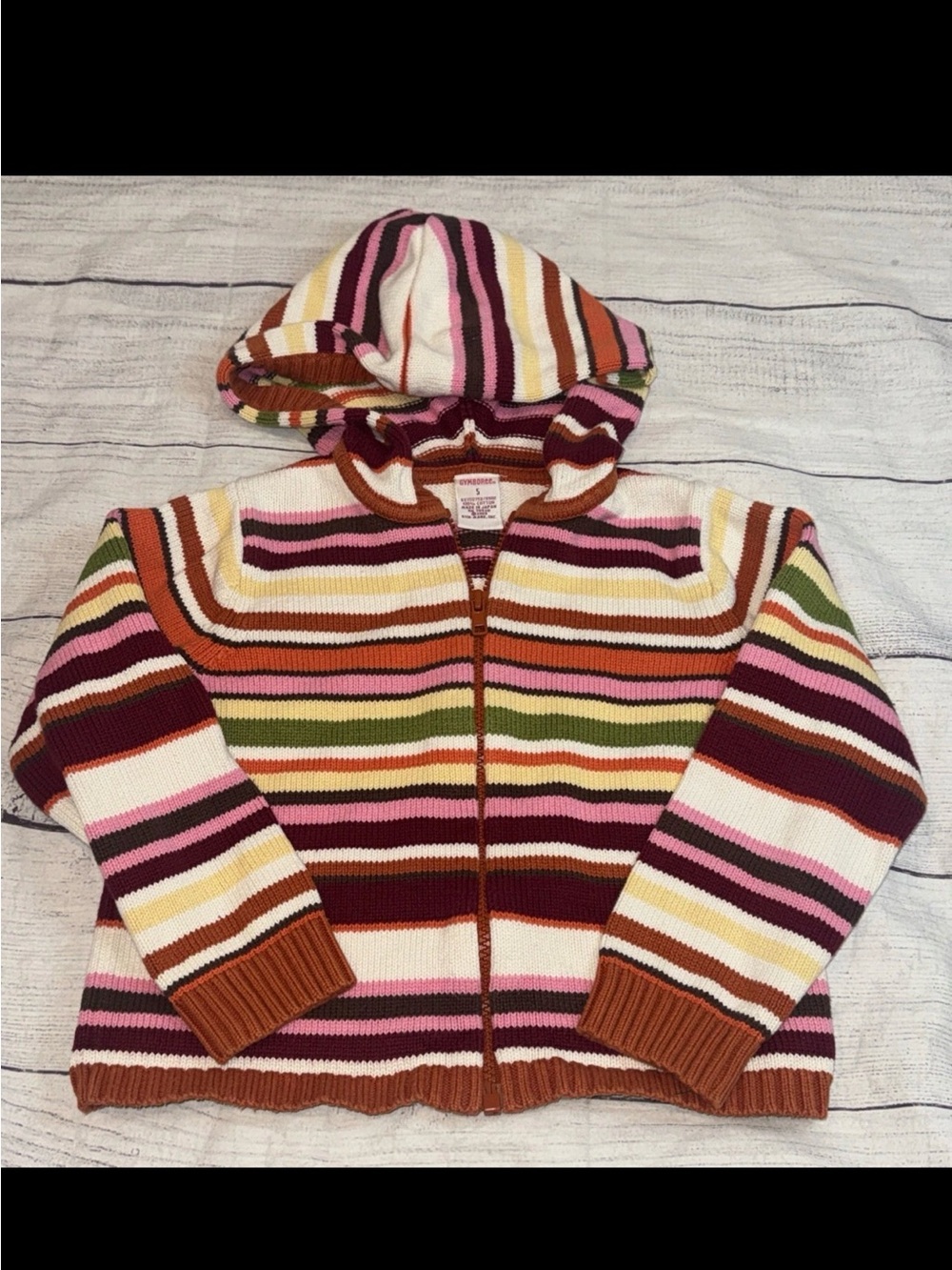 Vtg Gymboree CUTE AS A BUTTON Striped Zip Up Hooded Sweater 5 100% Cotton Red